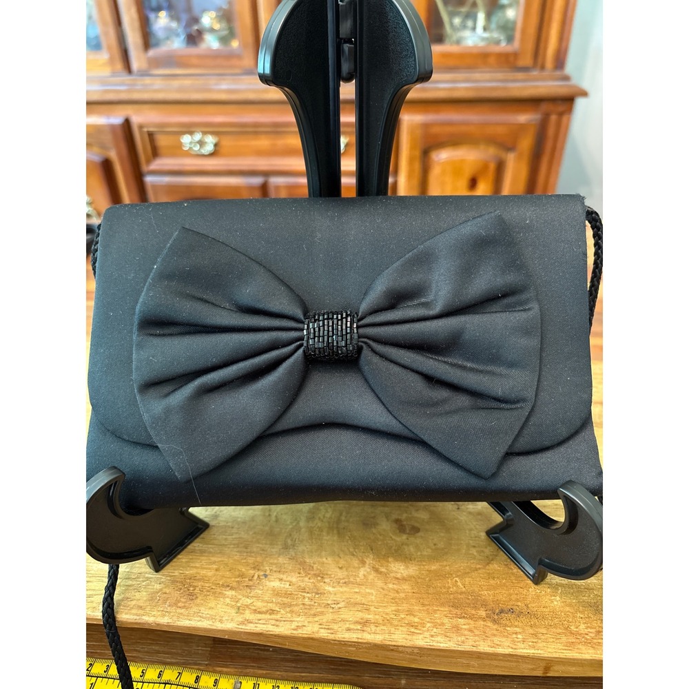 Unbranded Bow Clutch Women Small Black Excellent Satin Beaded Evening Bag - Picture 2 of 5